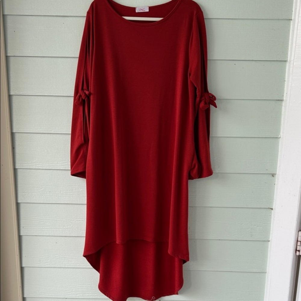 Chic High Low Red Dress with Tie Sleeves